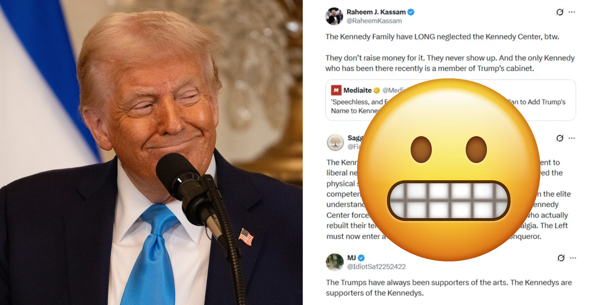 Left: U.S. President Donald Trump holds a press conference in the East Room of the White House. Right: Screenshots of posts reposted by President Donald Trump about the Kennedy family.