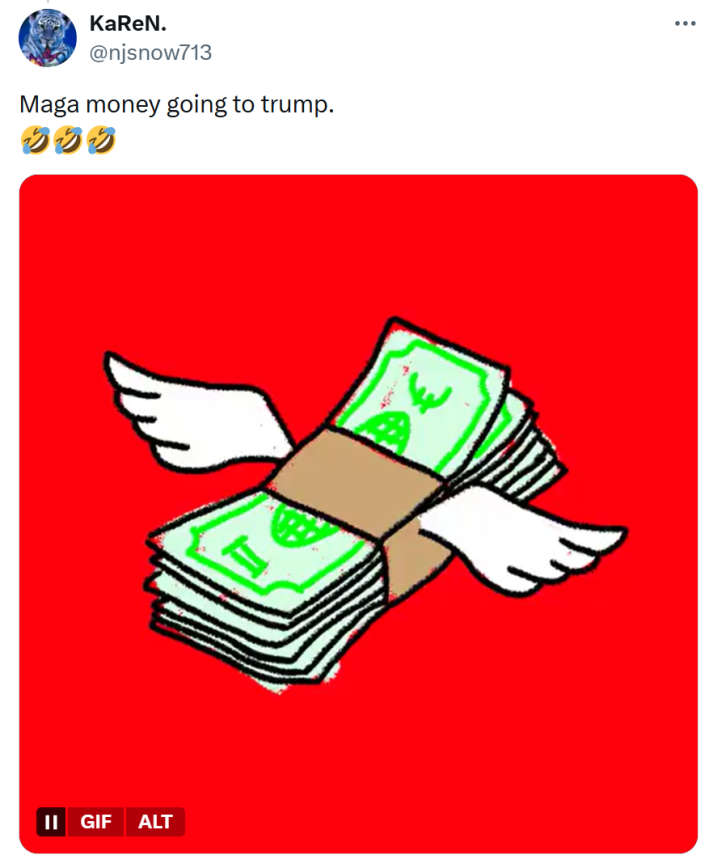 Tweet that reads, "Maga money going to trump.  🤣🤣🤣" with a photo of a bundle of money with wings flying away.