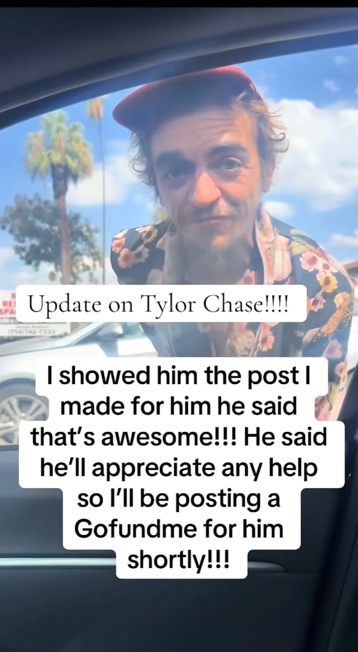 Tylor Chase leaning toward a car window. Text overlay reads, "I showed him the post I made for him he said that's awesome!!! He said he'll appreciate any help so I'll be posting a Gofundme for him shortly!!!"