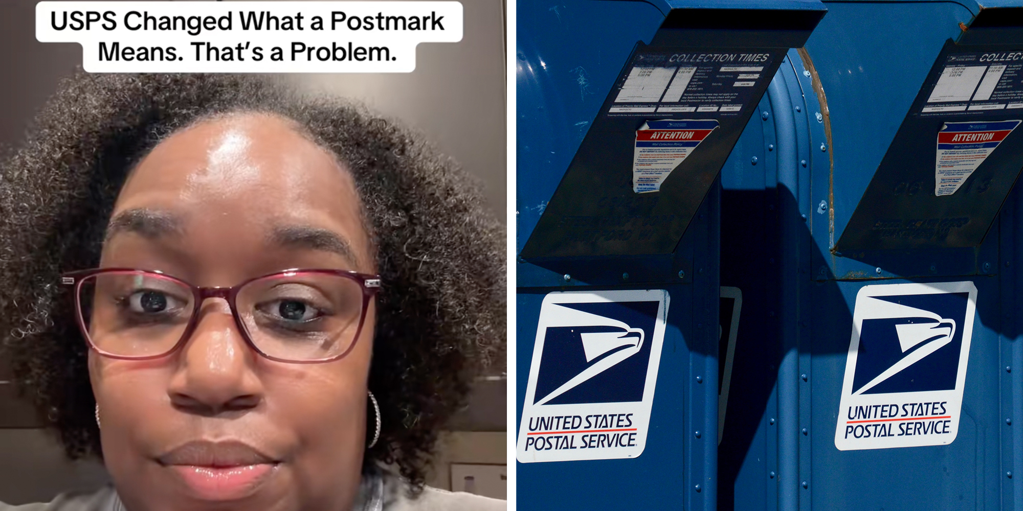 Left: Woman looking into the camera wearing red glasses, text overlay reads "USPS changed what a postmark means. That's a problem." Right: Two USPS mailboxes at curbside.