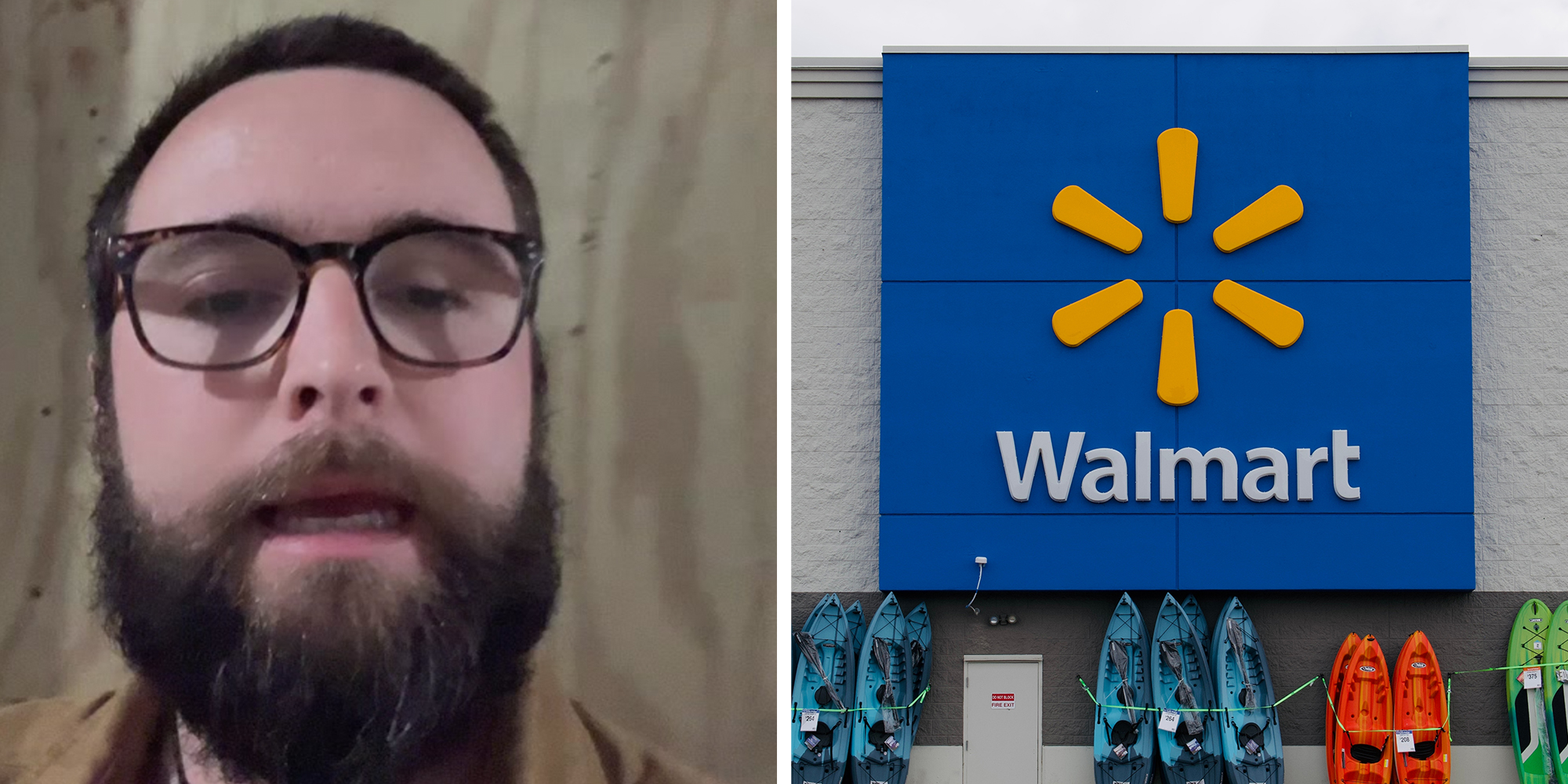 Left: Man in glasses and a beard speaking to the camera. Right: Exterior view of Walmart store logo sign.