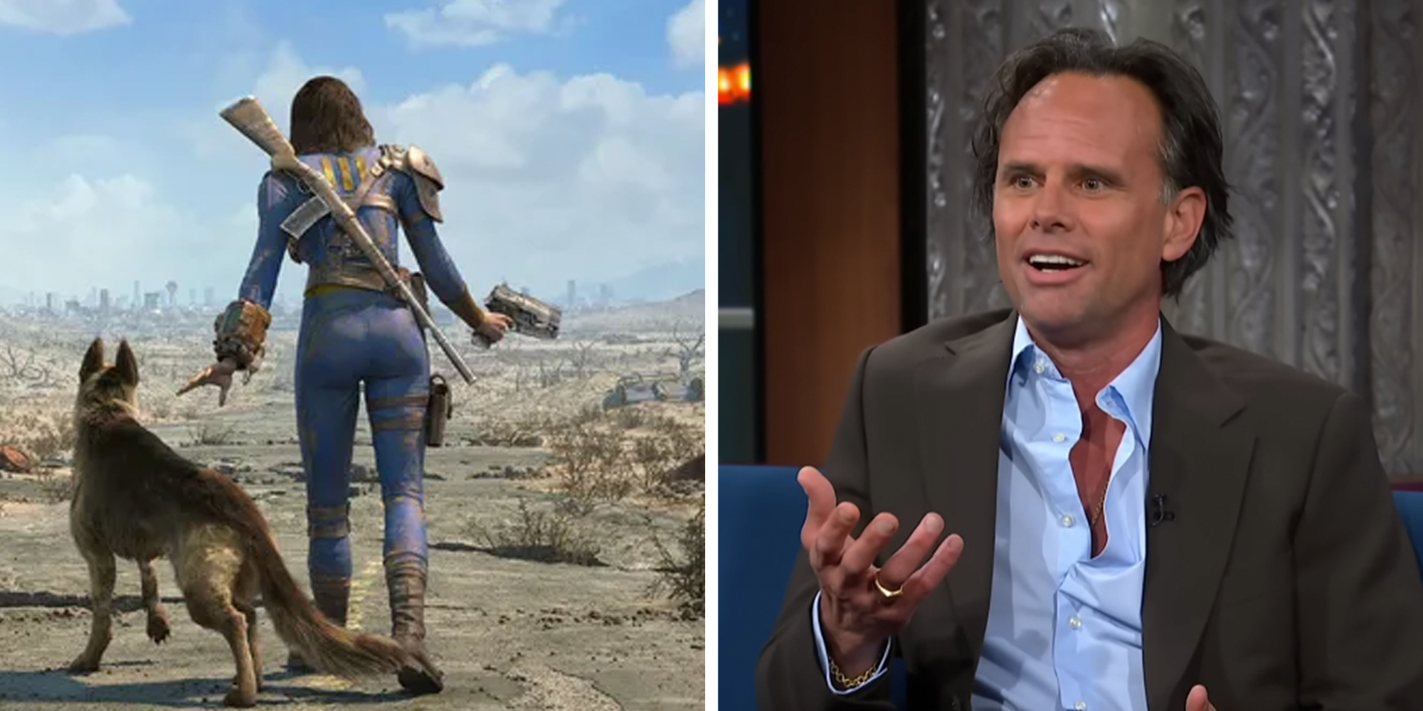 Left: Fallout video game. Right: Actor Walter Goggins on The Late Show with Stephen Colbert.