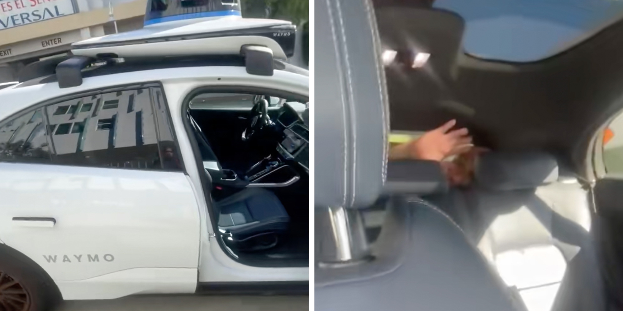 Left: Waymo robotaxi with its passenger side door open. Right: Man waving from the trunk of a Waymo robotaxi.