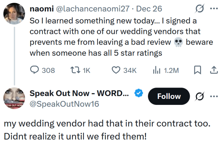 Tweet reply reading "my wedding vendor had that in their contract too. Didnt realize it until we fired them!"