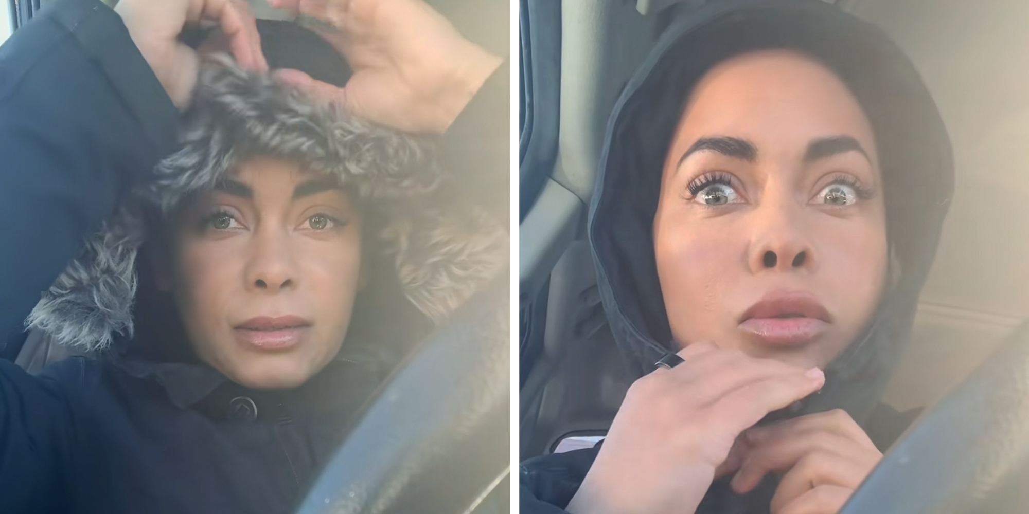 Woman sitting in her car wearing a fur-lined hood.