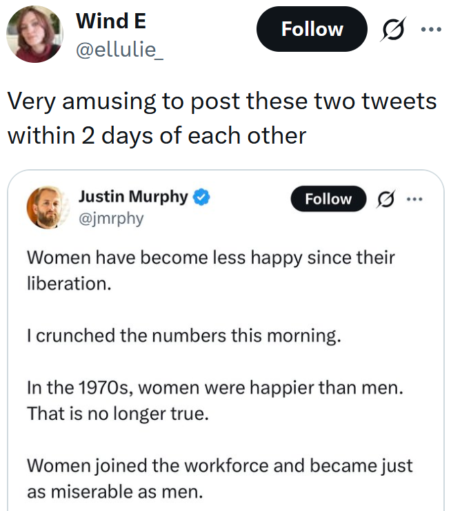 Tweet reading "Very amusing to post these two tweets within 2 days of each other" with a screenshot of a tweet claiming "Women have become less happy since their liberation."