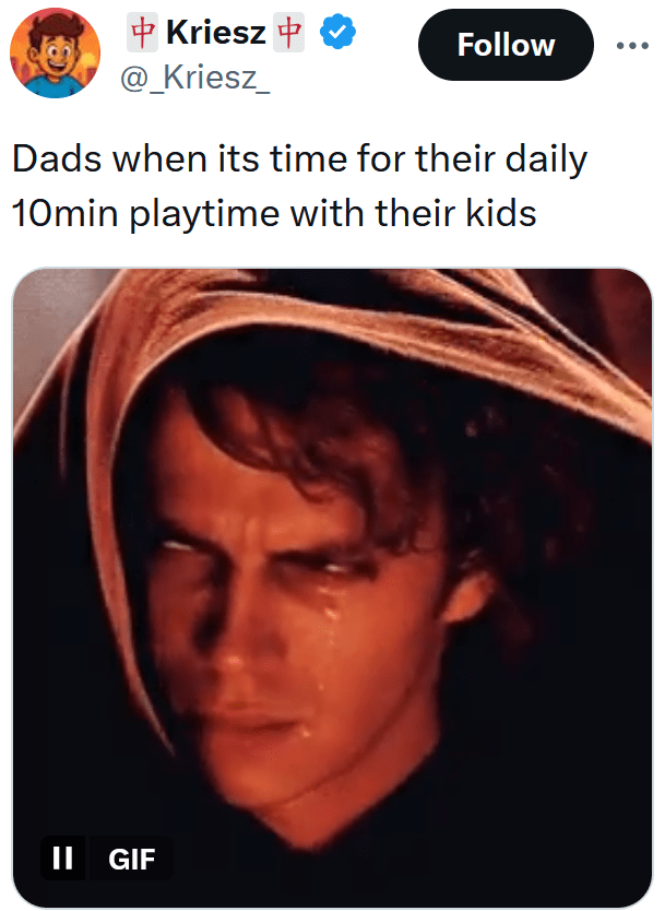 Tweet reading "Dads when its time for their daily 10min playtime with their kids" with a gif of Sith Anakin crying.