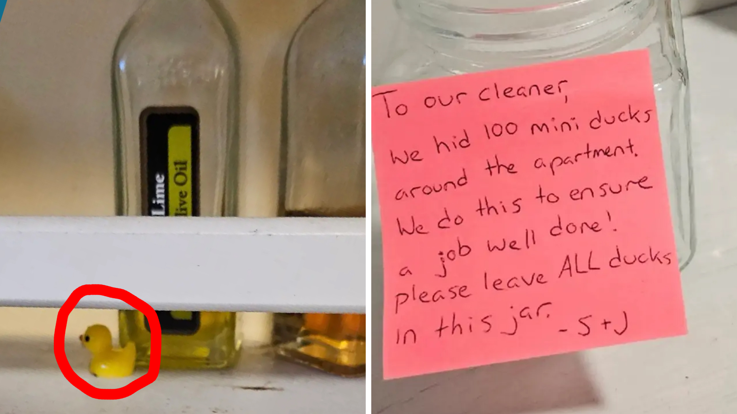 Left: Mini duck toy hidden next to 2 liquor bottles on a dusty shelf. Right: Pink post-it note reading, "To our cleaner, we hid 100 mini ducks around our apartment. We do this to ensure a job well done! Please leave ALL ducks in this jar - S +J."