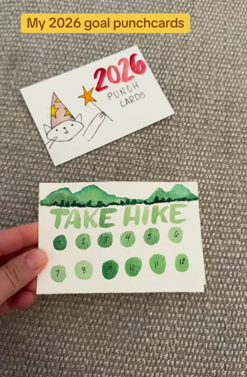 2026 punch cards TikTok video showing a card that says "take hike."