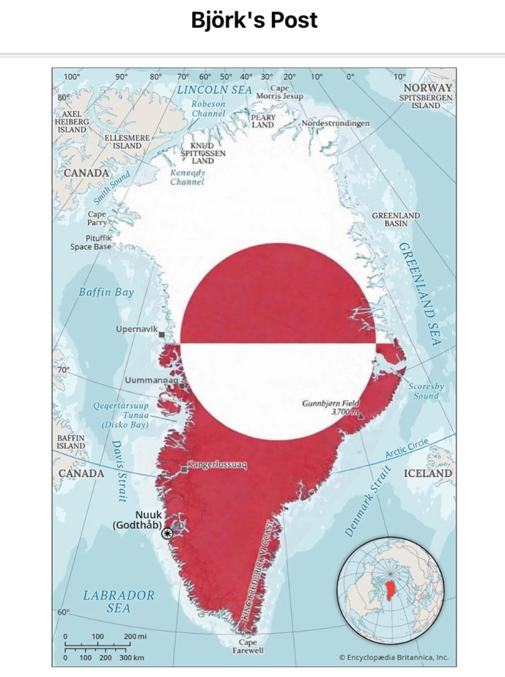 Map of Greenland in red and white, mimicking the country's flag.