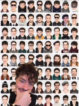 Headshots of dozens of white male models in a green screen background. A man with a mop of brown hair is staring at his screen over top of the image, chin in hand.