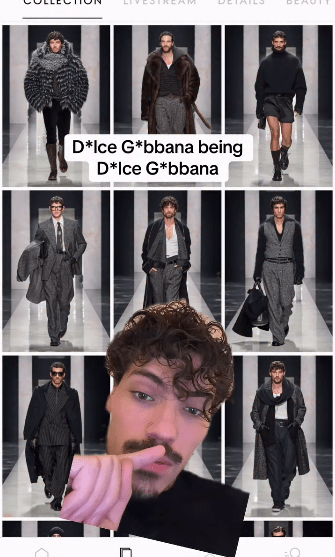 Nine Dolce & Gabbana models' runway looks, OP green screened on top of them pointing to the models as he talks.