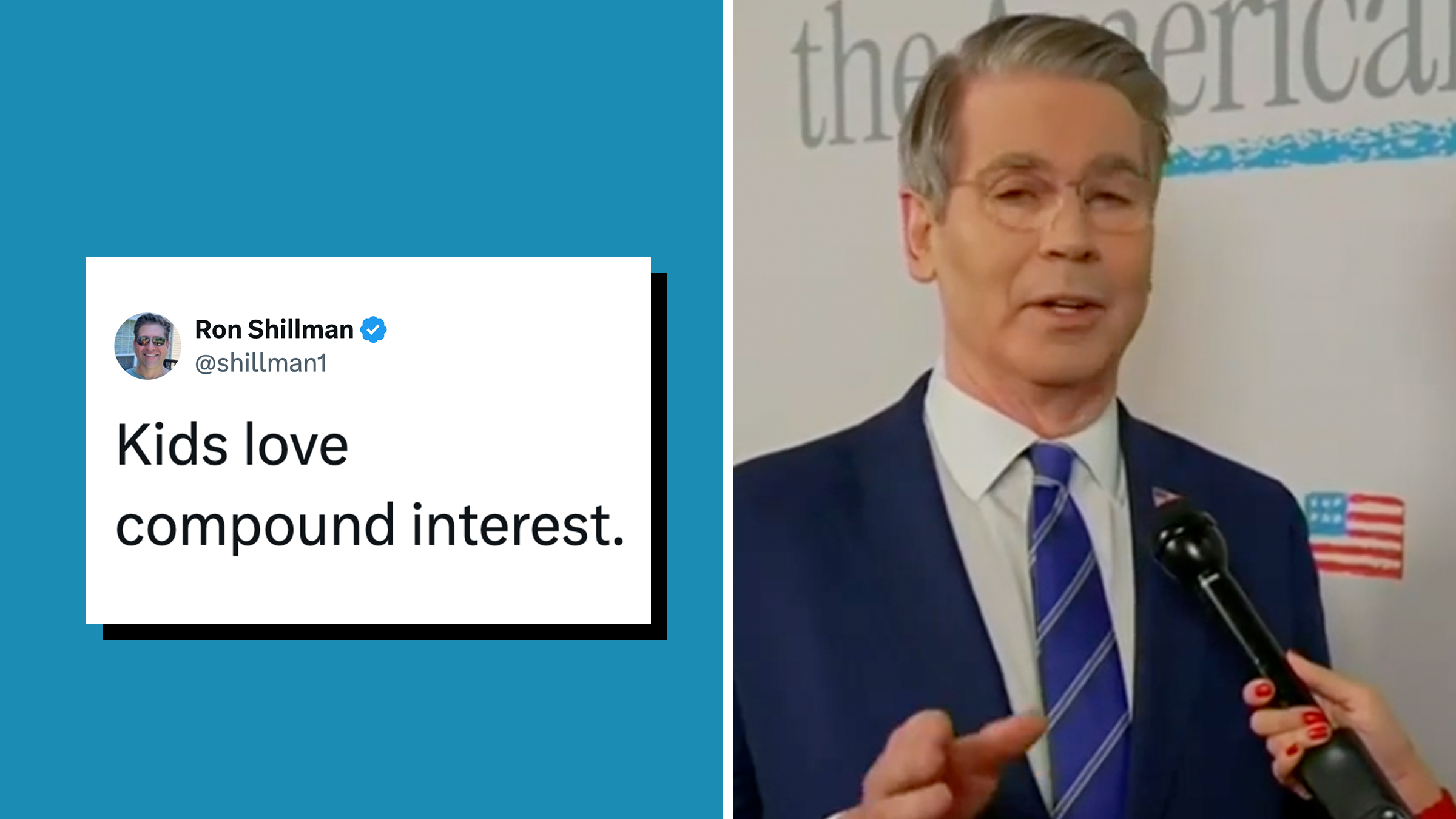 Left: Tweet text reading: Kids love compound interest. Right: U.S. Treasury Secretary Scott Bessent speaking on Fox News about "Trump Accounts."