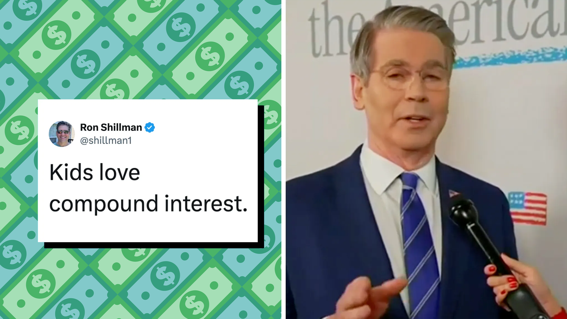 Left: Tweet text reading: Kids love compound interest. Right: U.S. Treasury Secretary Scott Bessent speaking on Fox News about "Trump Accounts."