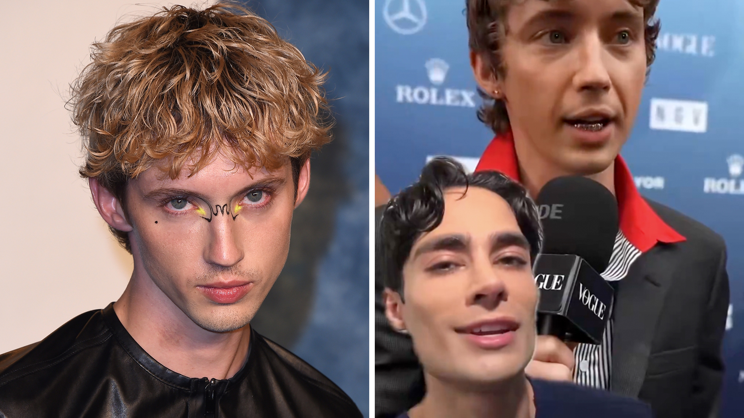 Left: Troye Sivan at the 50th Anniversary of The Young and The Restless at the Vibiana on March 17, 2023. Right: Plastic surgeon overlaid on video of actor and singer Troye Sivan on the red carpet.
