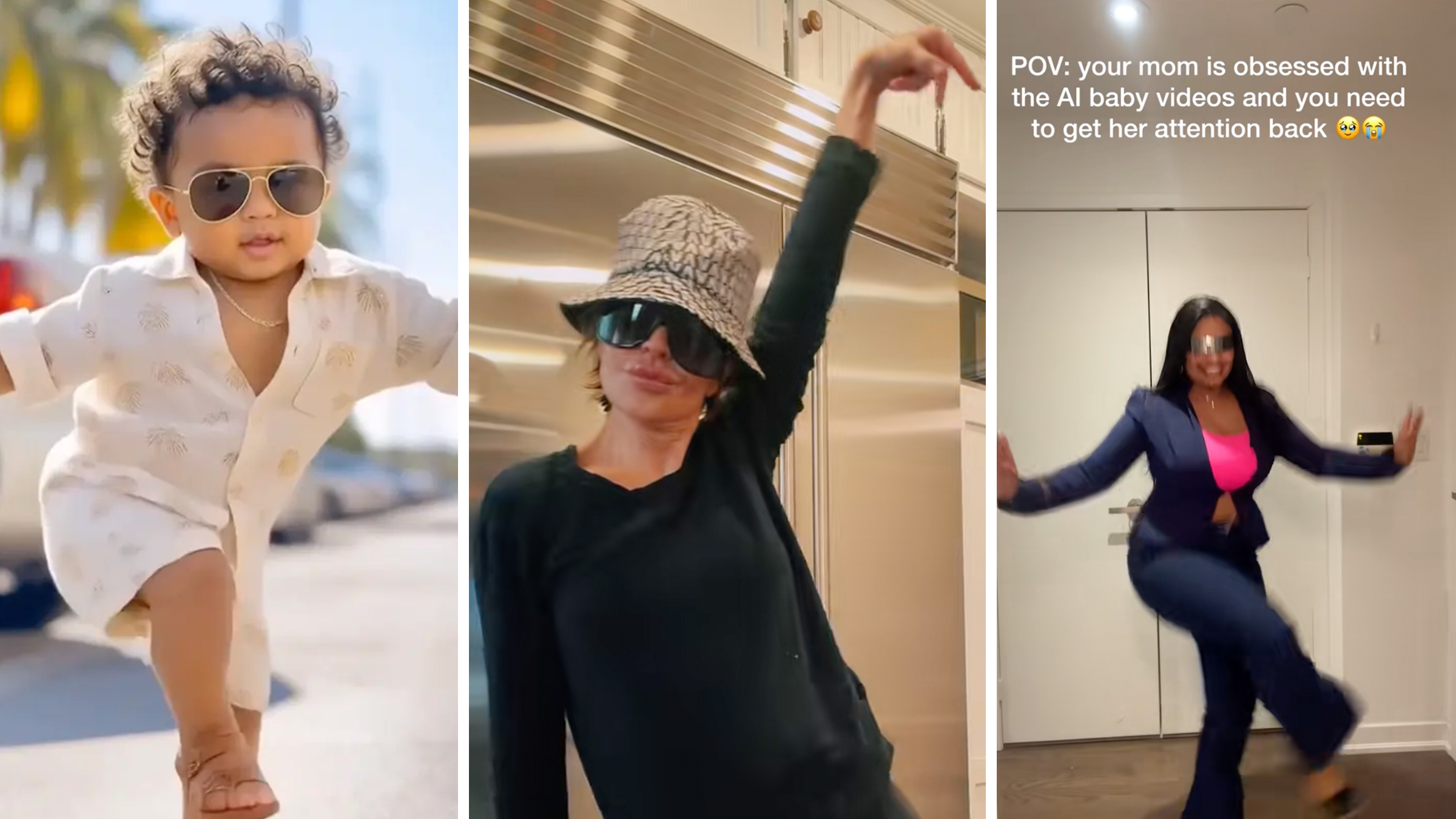 3 panel: Left: AI-generated baby dancing in sunglasses. Middle: RHOBH star Lisa Rinna recreating the "Ai baby dance" on TikTok. Right: Woman recreating the AI baby dance on TikTok.