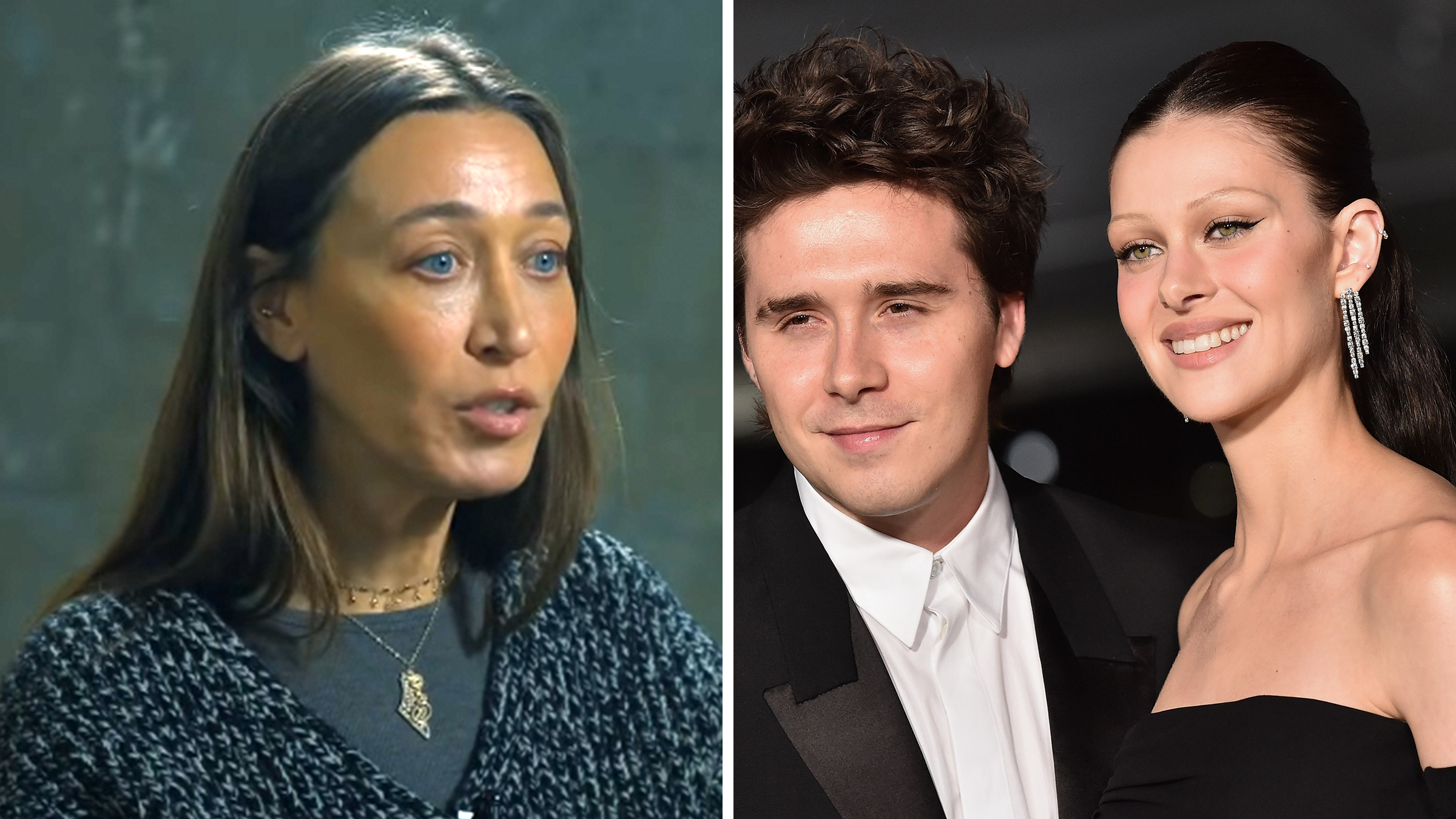 Left: Model and activist Alana Hadid in a gray sweater during an interview. Right: Brooklyn Beckham and Nicola Peltz arrives for 2nd Annual Academy Museum Gala on October 15, 2022.