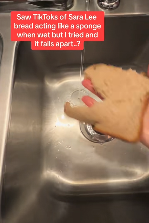 Video showing a slice of Sara Lee bread breaking when wet.
