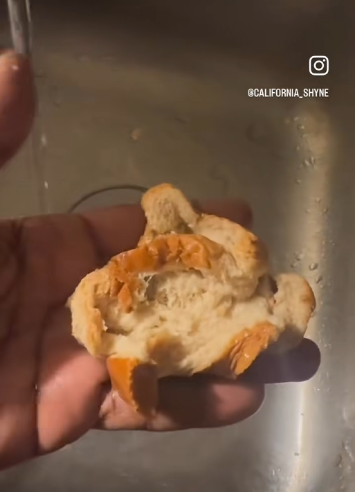 Video showing a crumbled pieces of bread in a hand over the sink.