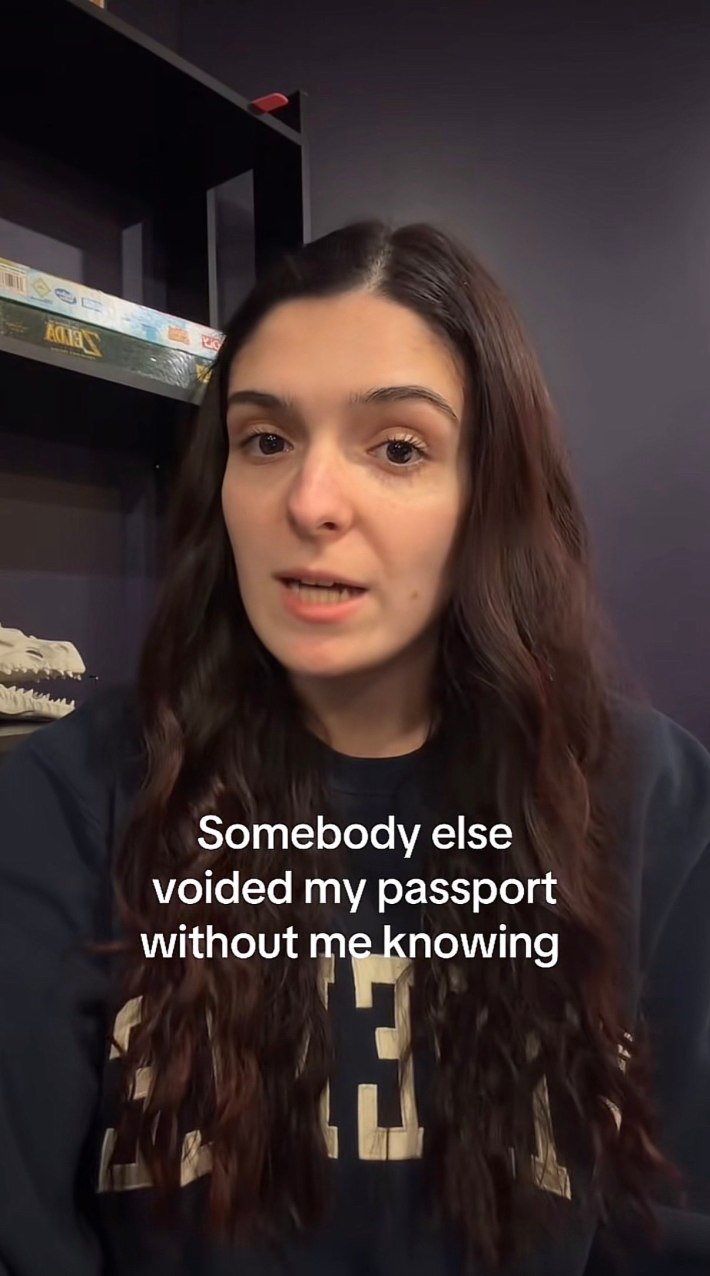 A woman with long brown hair talking to the camera. Text reads, "Somebody else voided my passport without me knowing."