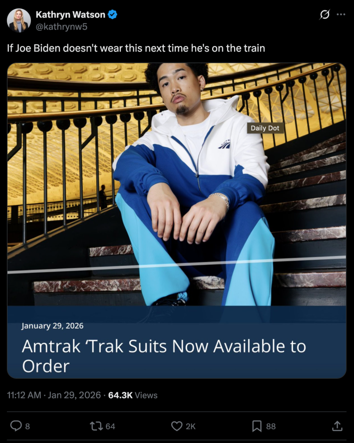 @kathrynw5 shared Amtrak’s limited-edition merch announcement along with the comment, “If Joe Biden doesn't wear this next time he's on the train…”