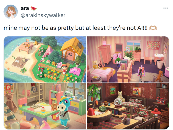 Tweet that reads, "mine may not be as pretty but at least they're not AI!!! 🫶🏽" with aesthetic Animal Crossing screenshots.