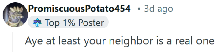 Reddit comment reading "Aye at least your neighbor is a real one."
