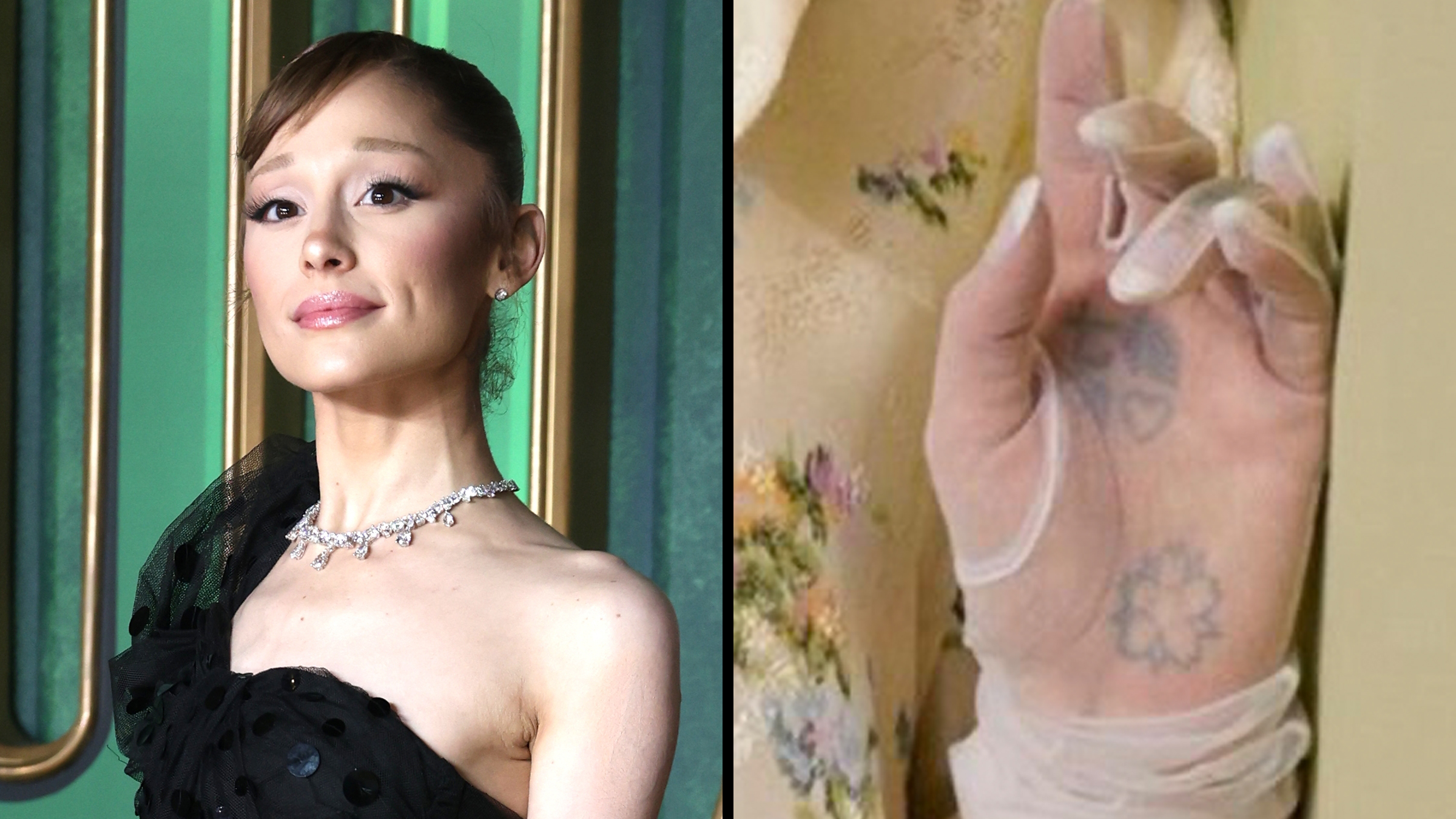 Left: Ariana Grande attends the Wicked For Good European Premiere at Cineworld Leicester Square wearing a black gown in 2025. Right: Vogue Japan Photoshop fail, closeup of Ariana Grande's hand with 6 fingers.
