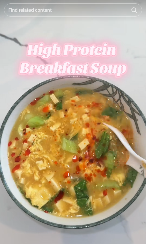 TikTok video showing a bowl of "high protein breakfast soup."