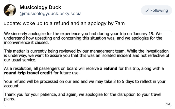 BlueSky post that reads, "update: woke up to a refund and an apology by 7am" with a screenshot of the refund and apology email.