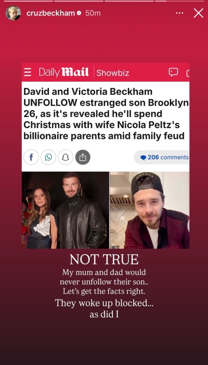 Cruz Beckham's Instagram story sharing a Daily Mail article claiming that his parents unfollowed Brooklyn Beckham on social media. He wrote, "NOT TRUE. My mum and dad would never unfollow their son... Let's get the facts right. They woke up blocked...as did I."