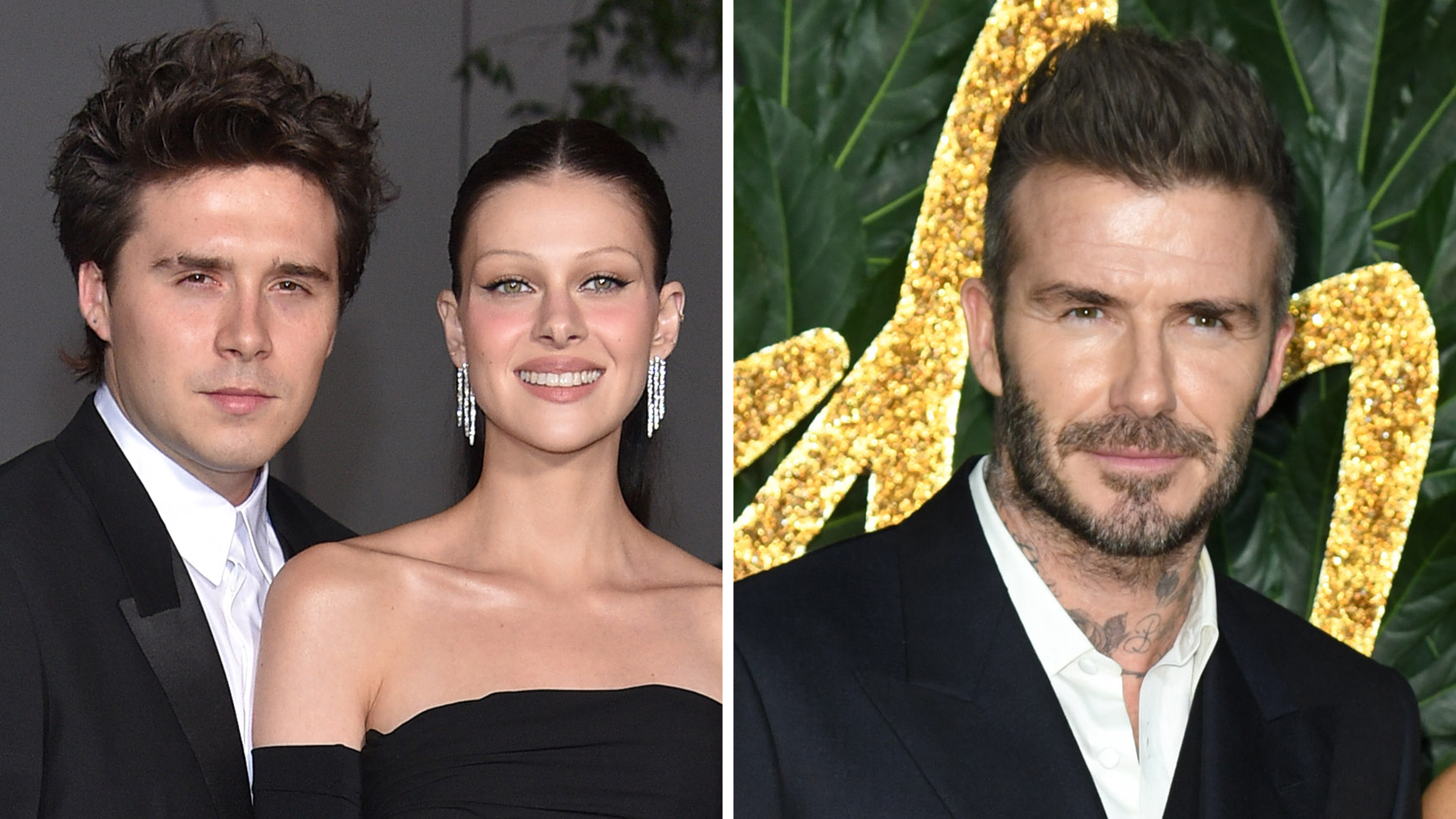 Left: Brooklyn Beckham and Nicola Peltz arrives for 2nd Annual Academy Museum Gala on October 15, 2022. Right: David Beckham in a tuxedo against a green backdrop.
