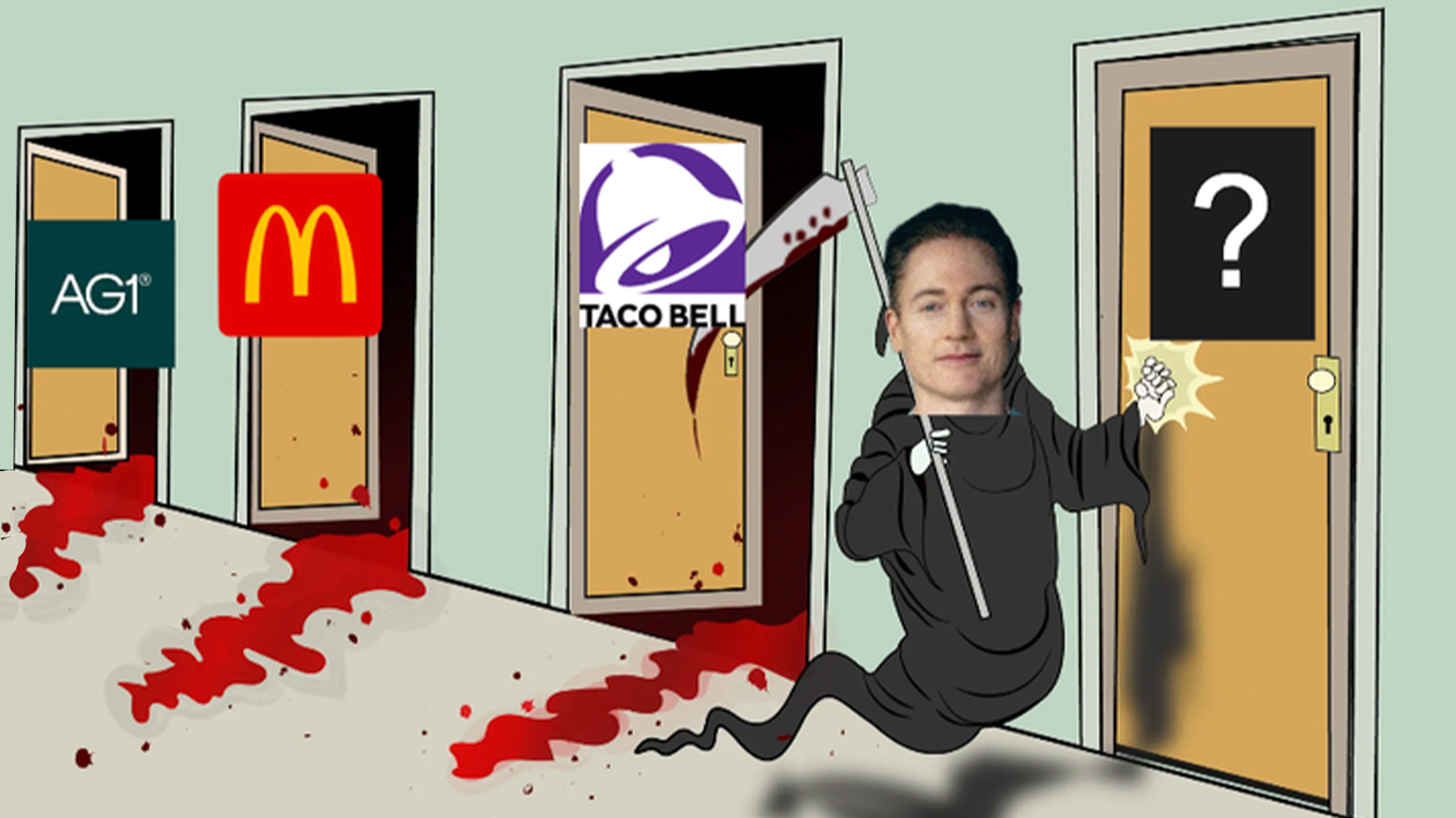Death knocking on doors meme, with the head of Bryan Johnson as death and 3 bloodied doors of his "victims," in order: AG1, McDonald's, and Taco Bell.