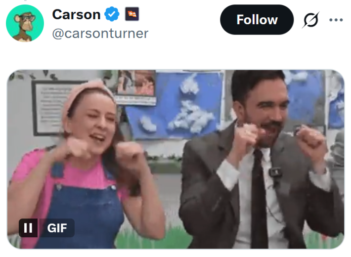 Tweet with a gif of Zohran Mamdani and Miss Rachel pretending to cry.