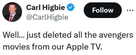 Tweet reading "Well… just deleted all the avengers movies from our Apple TV."