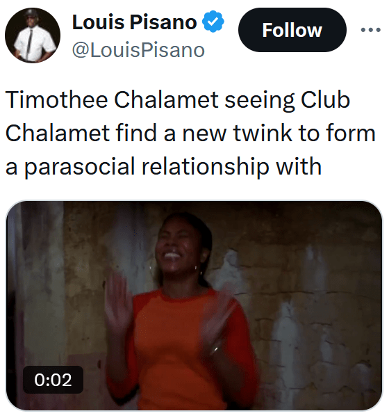 Tweet reading "Timothee Chalamet seeing Club Chalamet find a new twink to form a parasocial relationship with" with a gif of a woman jumping up and down and clapping with glee.