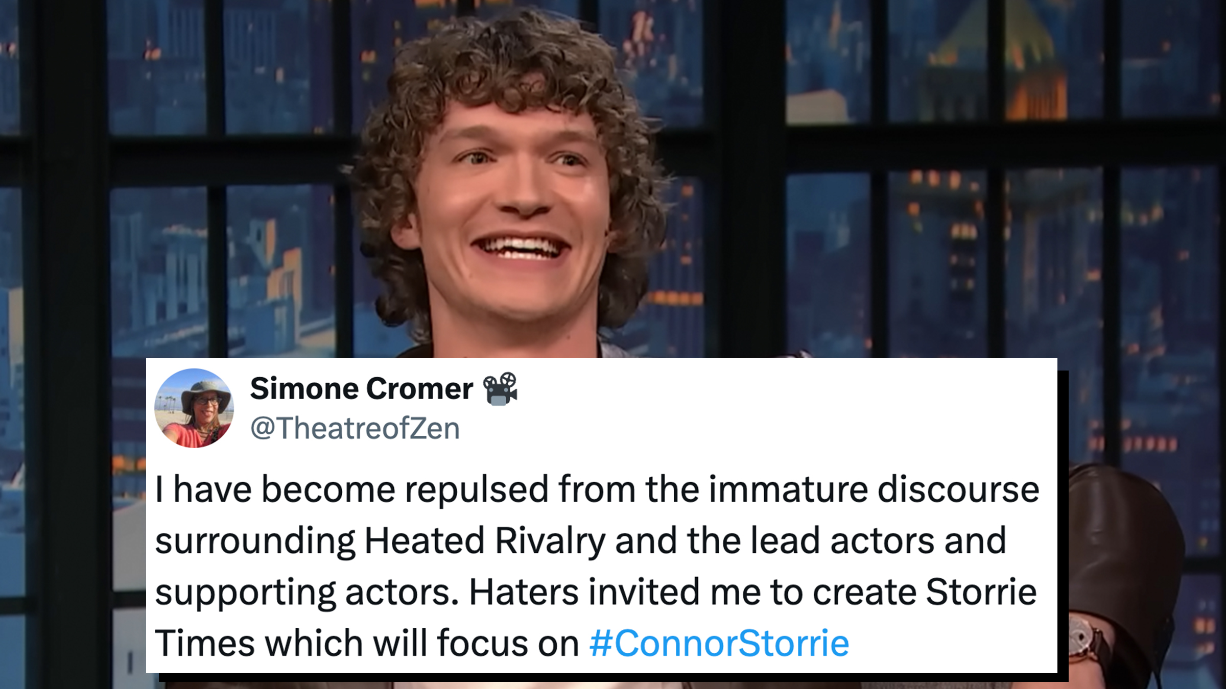 Actor Connor Storrie on Late Night with Seth Meyers wearing a brown leather jacket and a white t-shirt. Text overlay from Club Chalamet reads, "I have become repulsed from the immature discourse surrounding Heated Rivalry and the lead actors and supporting actors. Haters invited me to create Storrie Times which will focus on #ConnorStorrie."