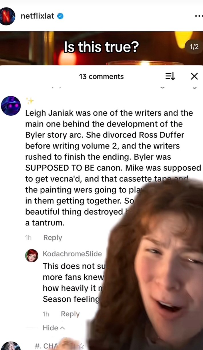 Green screened comment about writer Leigh Janiak divorcing Ross Duffer and leaving Stranger Things.