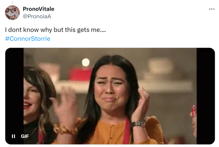 Tweet that reads, "I dont know why but this gets me....#ConnorStorrie" with a gif of a woman trying not to cry happy tears.