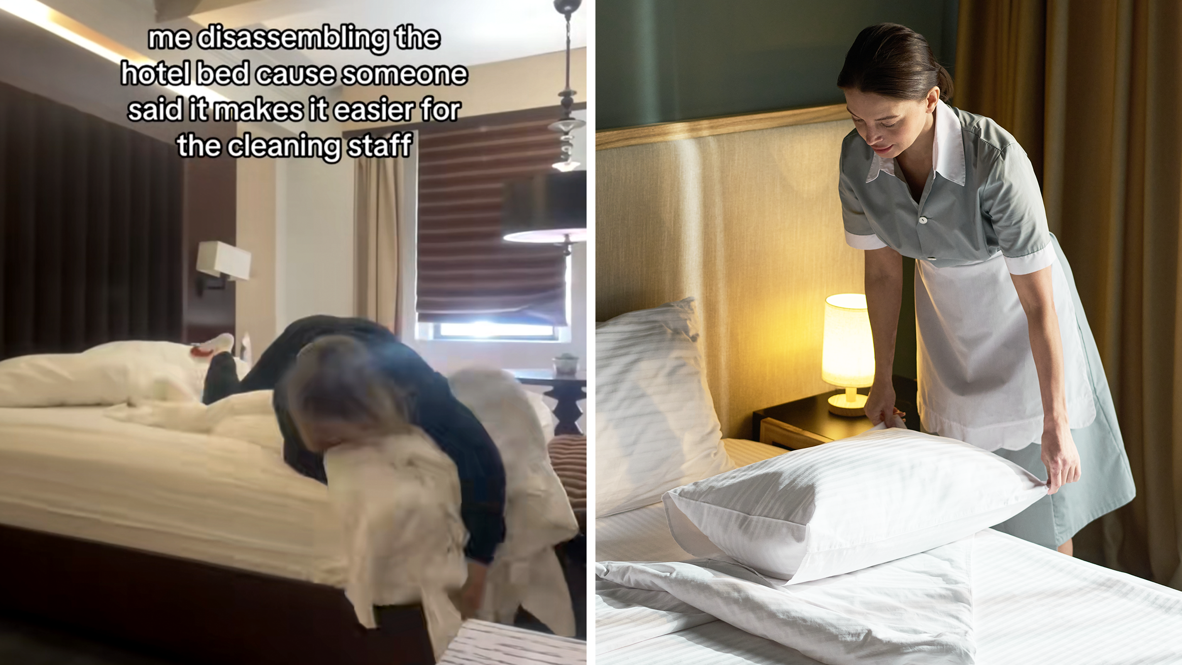 woman on a hotel room bed taking off the sheets