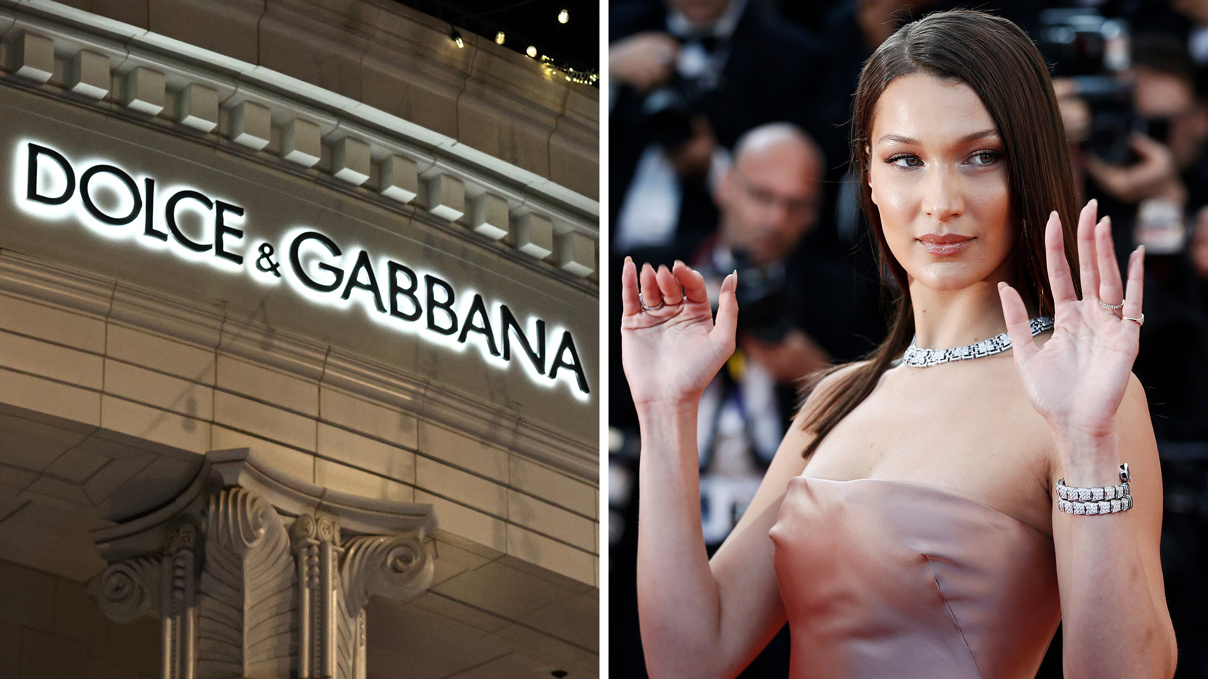 Left: DOLCE and GABBANA luxury fashion store by night on Rodeo Drive, Beverly Hills. Right: Bella Hadid attends the premiere of 'Ash Is Purest White' during the 71st Cannes Film Festival in Cannes, France on May 11, 2018.