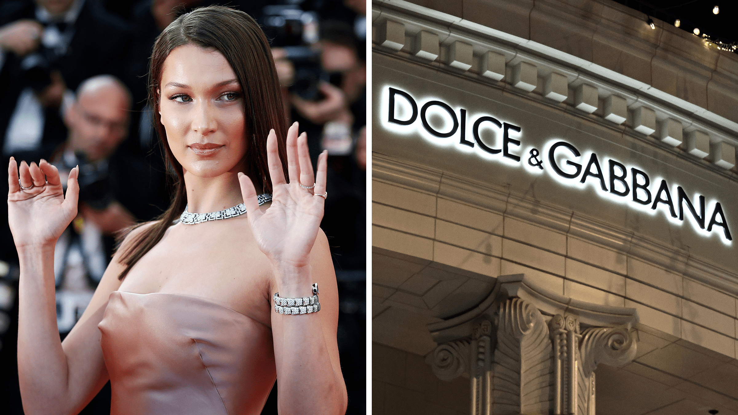 Left: DOLCE and GABBANA luxury fashion store by night on Rodeo Drive, Beverly Hills. Right: Bella Hadid attends the premiere of 'Ash Is Purest White' during the 71st Cannes Film Festival in Cannes, France on May 11, 2018.