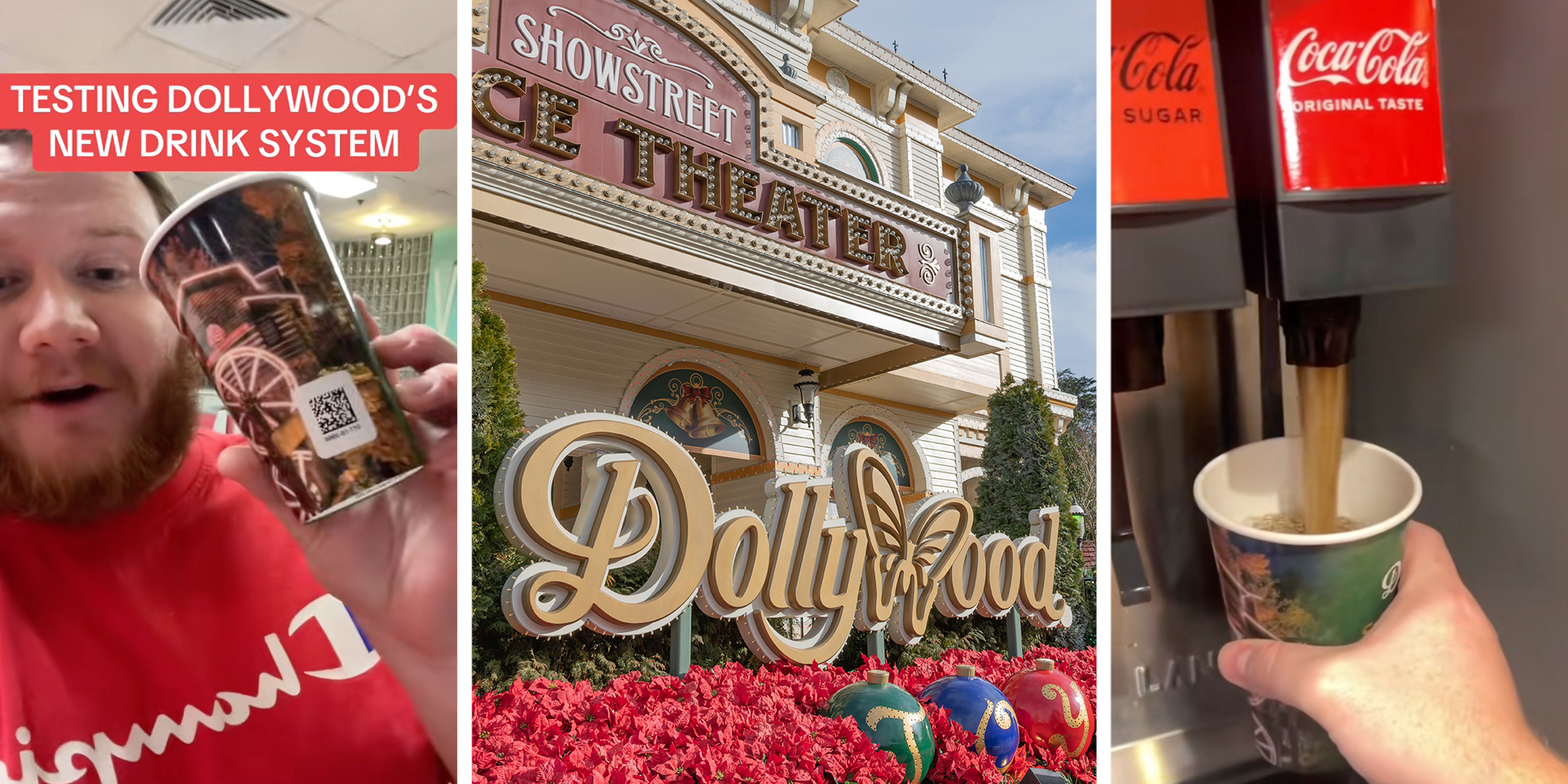 Left: Man in a red t-shirt holding a soda cup at Dollywood theme park in Tennessee, text overlay reads, "Testing Dollywood's new drink system." Middle: Dollywood theme park in the city of PIgeon Forge. Right: Man's hand holding a soda cup underneath Coca-Cola fountain machine at Dollywood theme park.