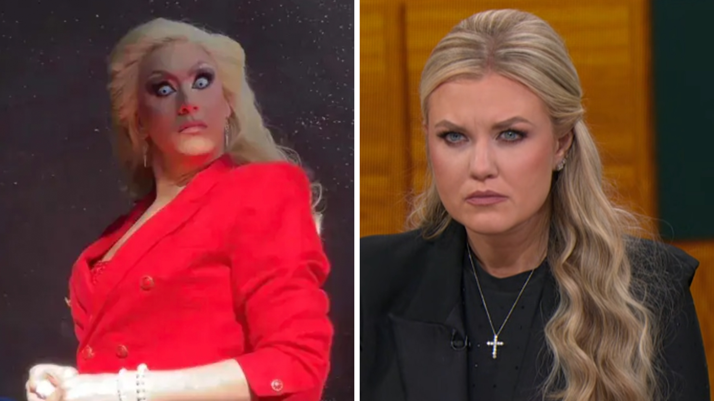 Left: Drag queen "Erika Qwerk," parodying Turning Point USA head Erika Kirk, widow of conservative podcaster Charlie Kirk. She is wearing a blonde wig and a red suit, and staring intensely into the camera wearing bright blue contact lenses. Right: Turning Point USA leader Erika Kirk in a black suit and black top, wearing a diamond cross and frowning during an interview.