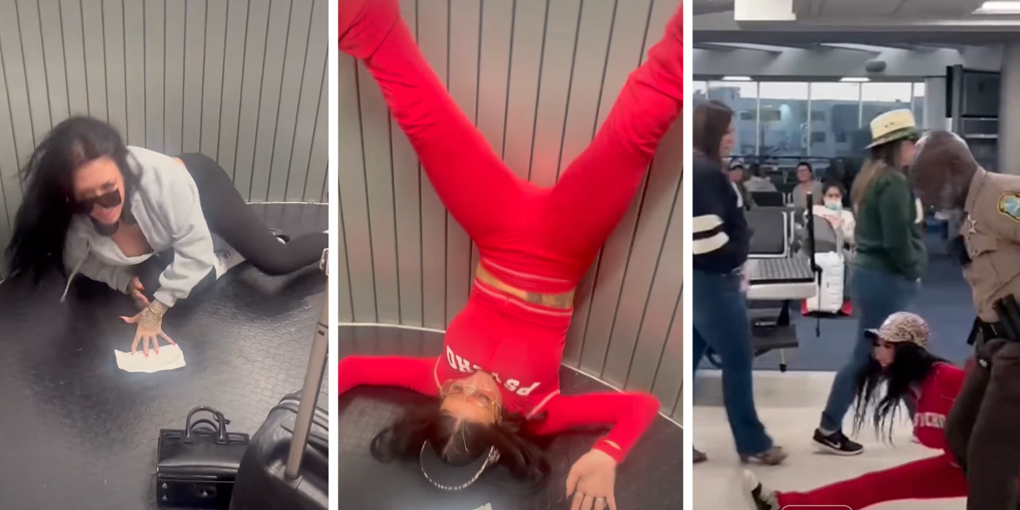 3 Panel: Left: Woman on the floor with a suitcase by her side. Middle: Woman standing upside down while wearing a red outfit with the shirt reading "psycho." Right: Woman in red outfit doing splits in an airport as a police officer escorts her.