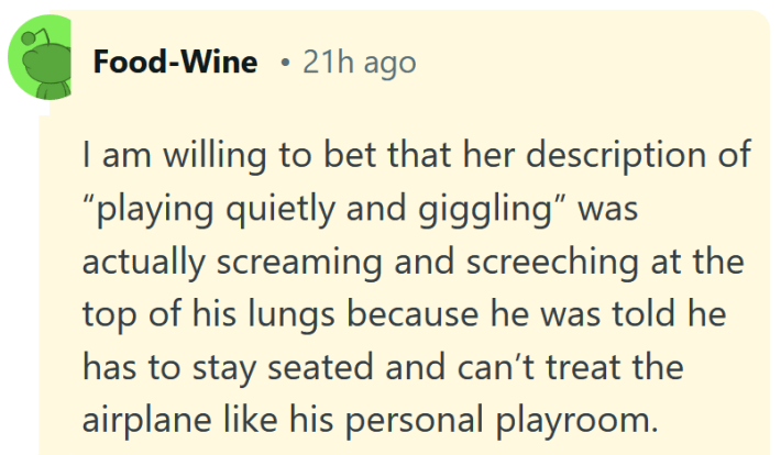 Reddit comment reading "I am willing to bet that her description of 'playing quietly and giggling' was actually screaming and screeching at the top of his lungs because he was told he has to stay seated and can’t treat the airplane like his personal playroom."
