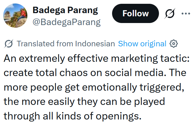 Tweet reading "An extremely effective marketing tactic: create total chaos on social media. The more people get emotionally triggered, the more easily they can be played through all kinds of openings."