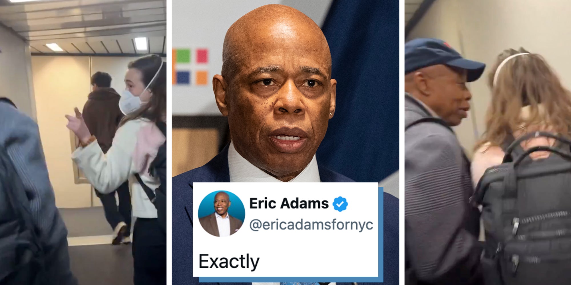 3 panel: Left and right: Former New York City mayor Eric Adams in a verbal confrontation with a female plane passenger on a jet way of a flight from NYC to Dallas. In the left image she is pointing at him while wearing a mask and a black backpack. In the right image he is close to her face speaking to her. Middle: Former NYC Mayor Eric Adams speaking in a suit and tie. Tweet overlay from former NYC Mayor Eric Adams reads "Exactly."