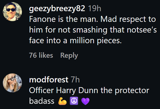 Instagram comments including one reading "Fanone is the man. Mad respect to him for not smashing that notsee’s face into a million pieces."
