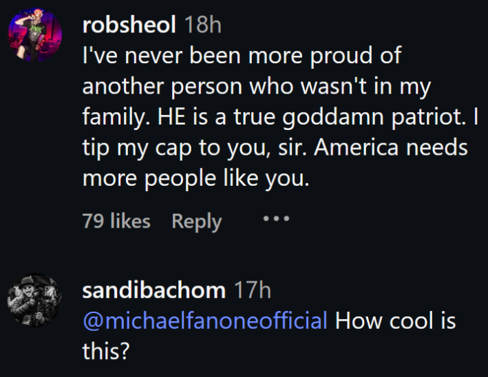 Instagram comments including one reading "I've never been more proud of another person who wasn't in my family. HE is a true goddamn patriot. I tip my cap to you, sir. America needs more people like you."